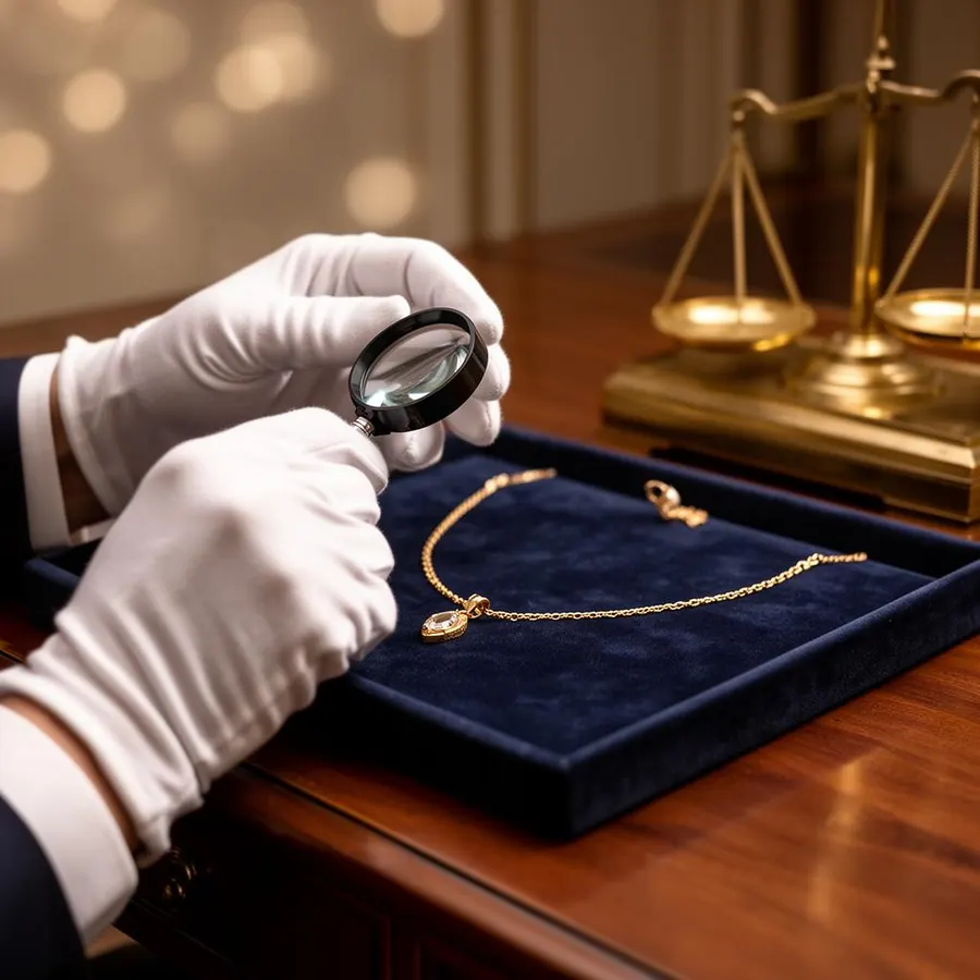 Expert taxeert gouden ketting met loep en weegschaal in Alphen aan den Rijn